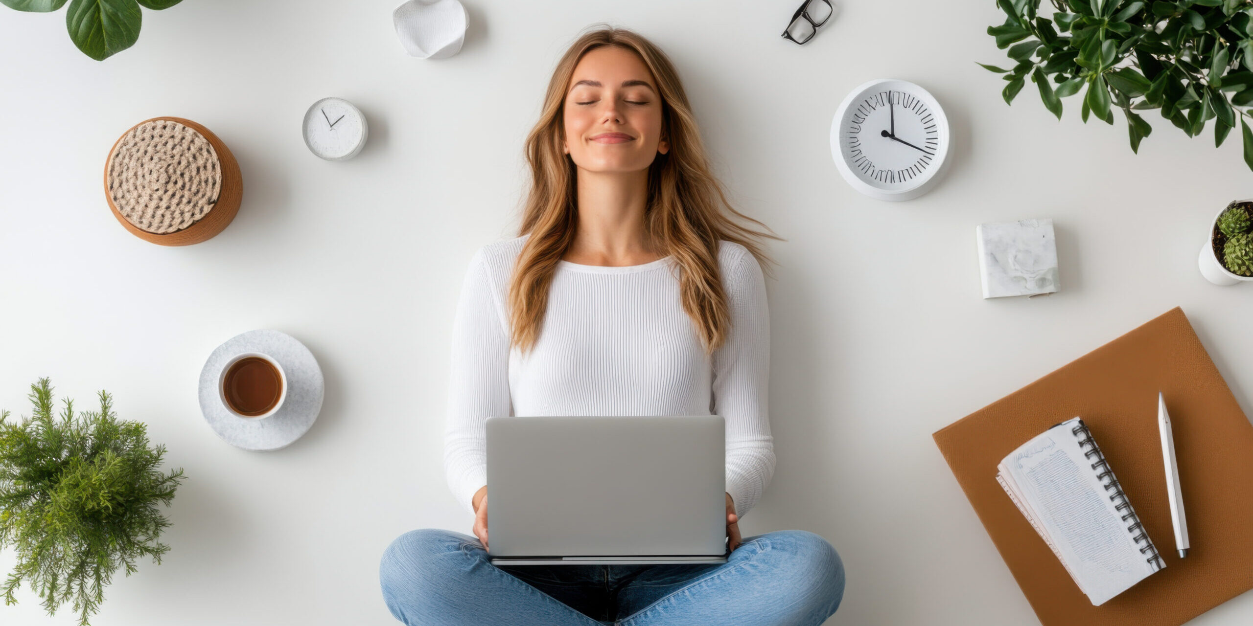 A woman sitting cross-legged with a laptop, meditating amidst various office items, embracing compliance.