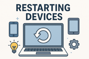 an image of a laoptop with a restart logo and mobile phones and a lightbulb