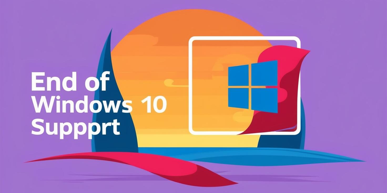 End of windows 10 support Purple Background saying End of Windows 10 support with a windows icon to the right