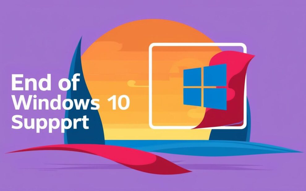 Purple Background saying End of Windows 10 support with a windows icon to the right