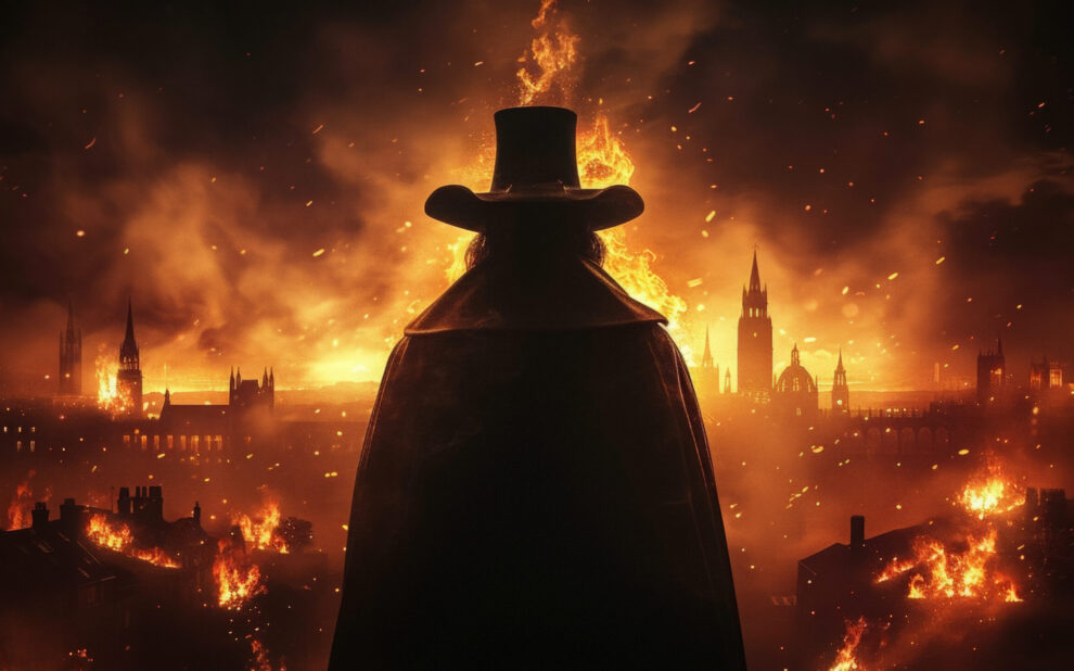 Shadow of guys fawkes standing infront of burning London.
