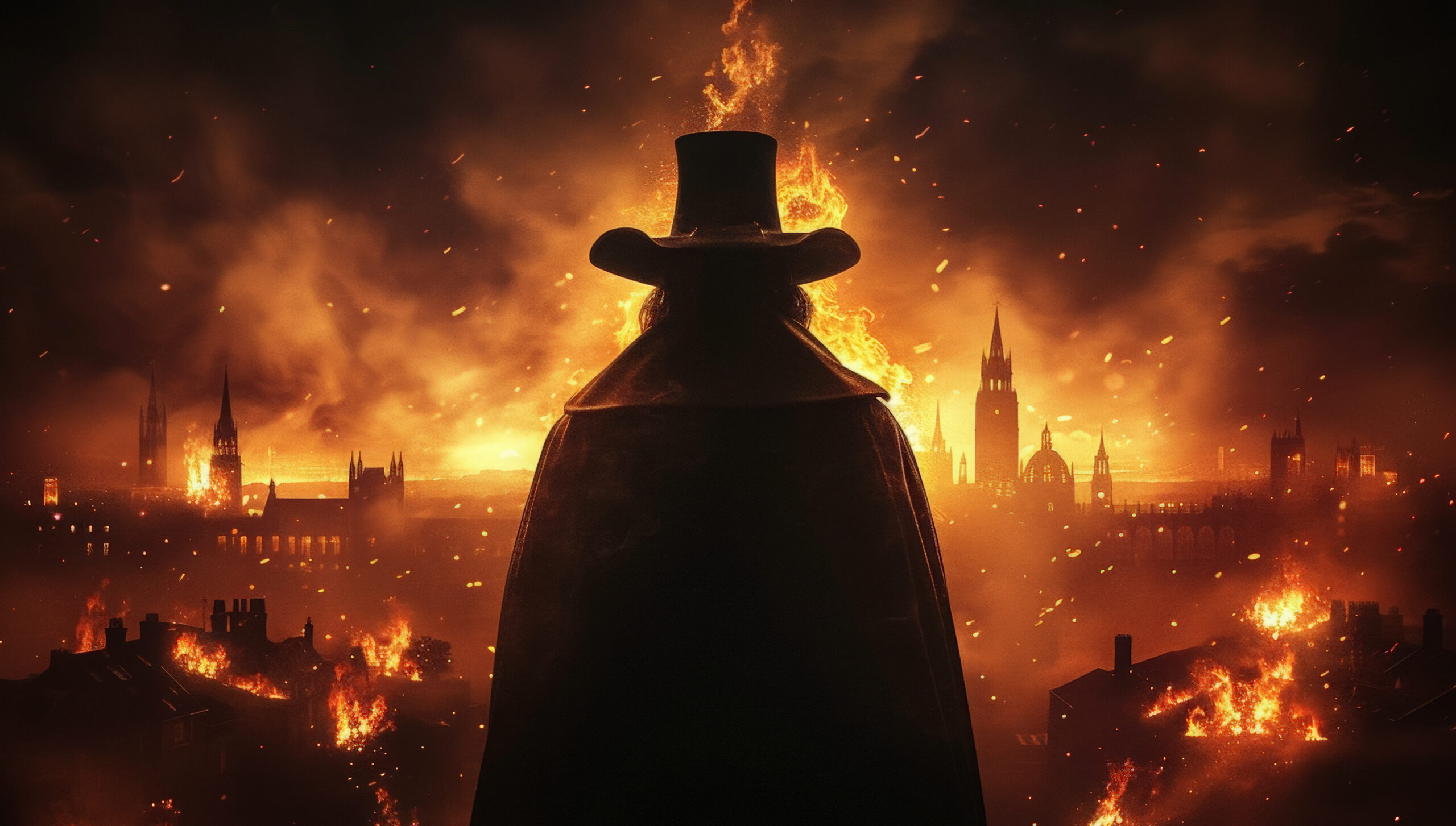 Shadow of guys fawkes standing infront of burning London.