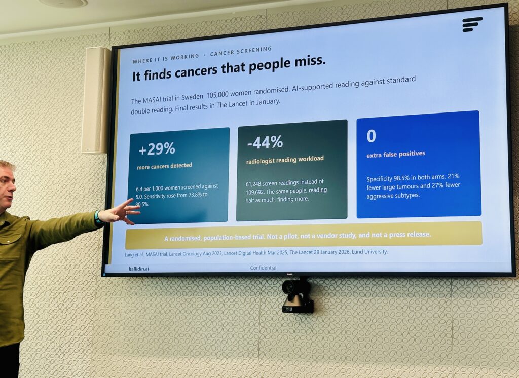Presentation showing improved cancer detection and reduced radiologist workload using AI-supported screening
