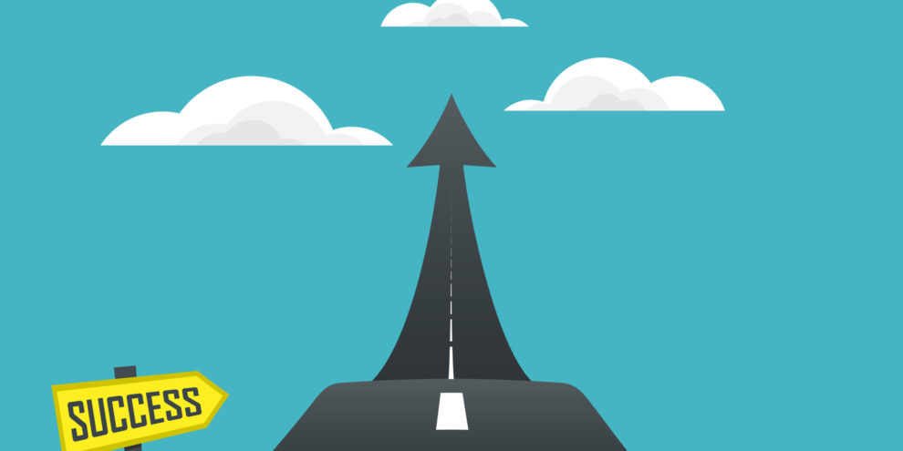 Concept of the road to success. Vector illustrator Road point arrow to cloud with signpost to success