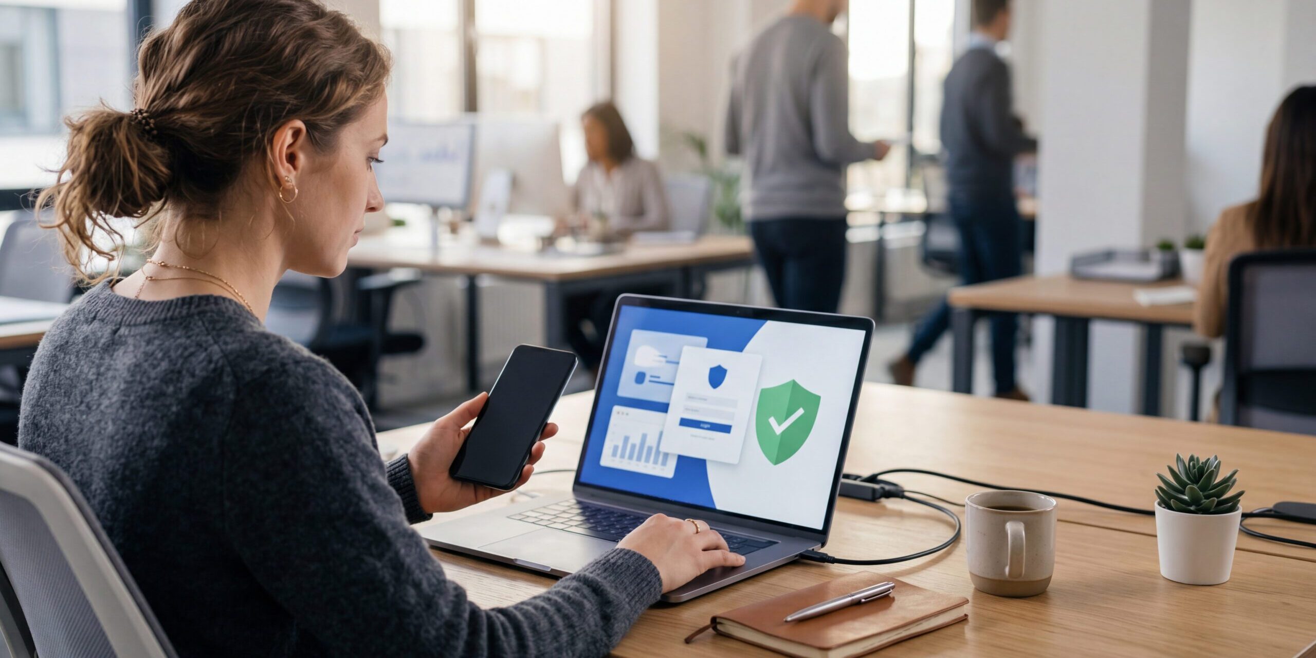 Woman in an office holding her phone and signing in to a secure Microsoft 365 account on a laptop, illustrating the Microsoft 365 MFA changes