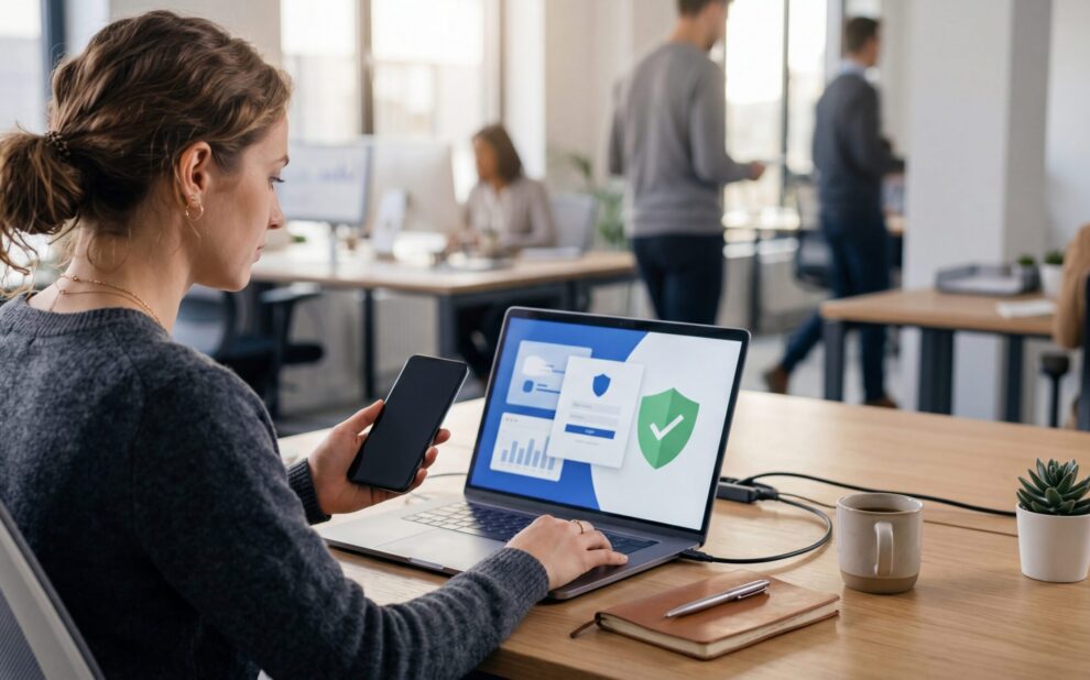 Woman in an office holding her phone and signing in to a secure Microsoft 365 account on a laptop, illustrating the Microsoft 365 MFA changes