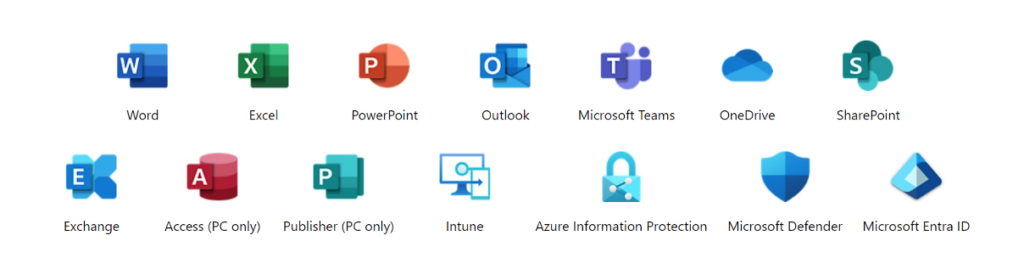 Icons of applications included in Microsoft 365 Business Premium.